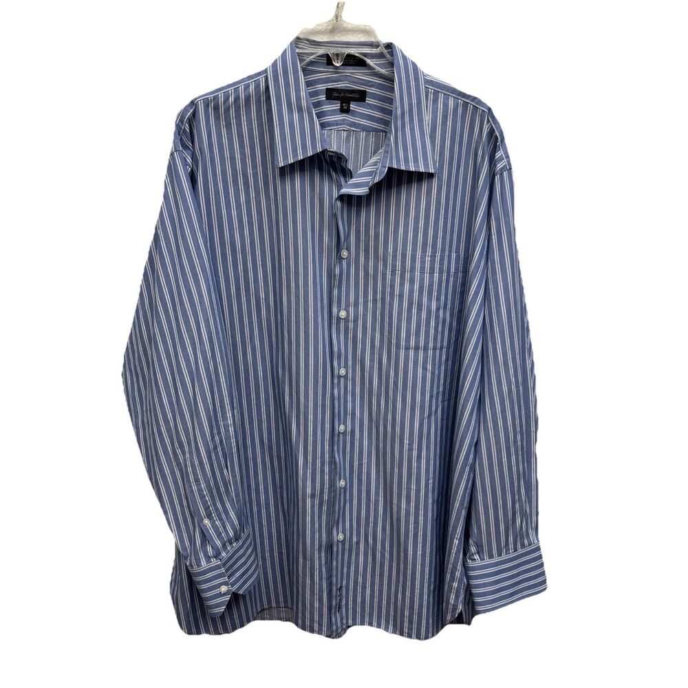 John W Nordstrom Shirt Men 18.5X35 Blue Striped Egyptian Cotton Buttons Italy